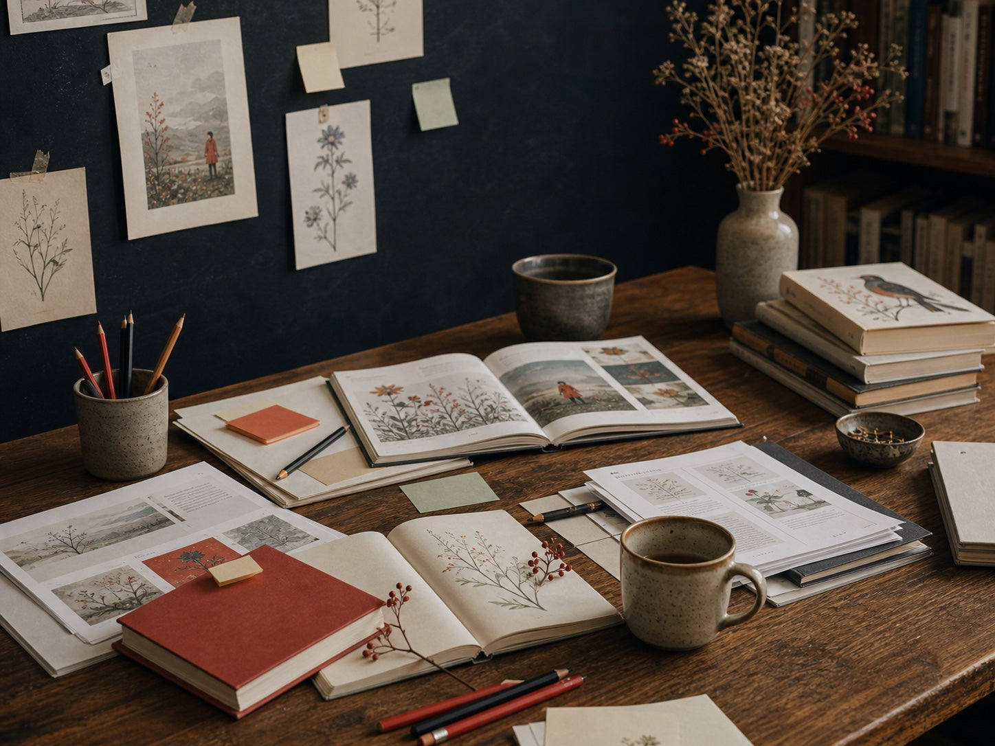 Materiales editoriales sobre una mesa