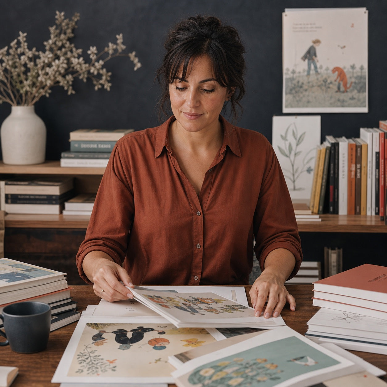 Mesa de trabajo editorial con libros y materiales